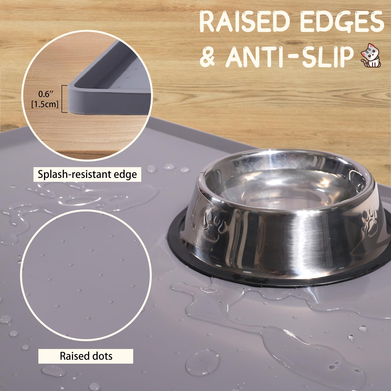 MateeyLife raised-edge pet feeding mat prevents spillover on floors.