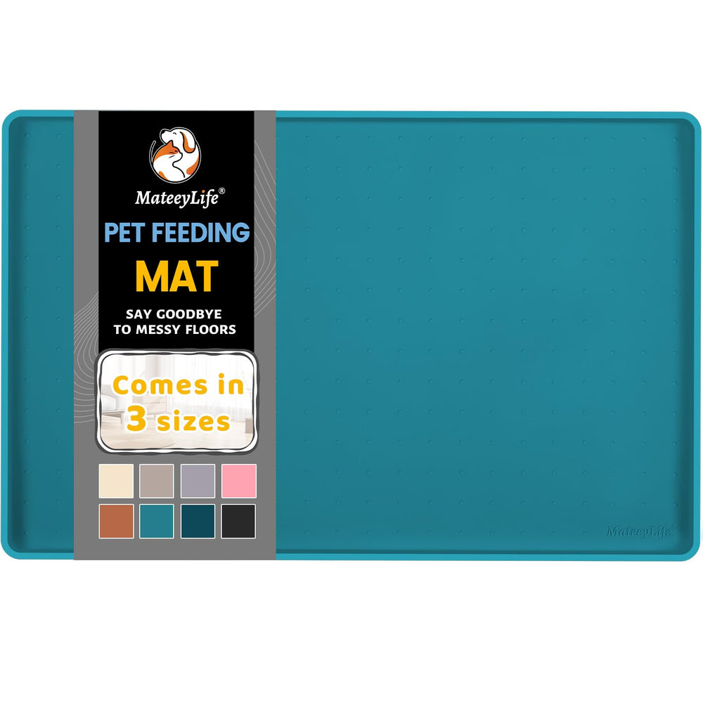 MateeyLife silicone cat dog food mat floor shows travel-friendly rolled design for mess-free meals.