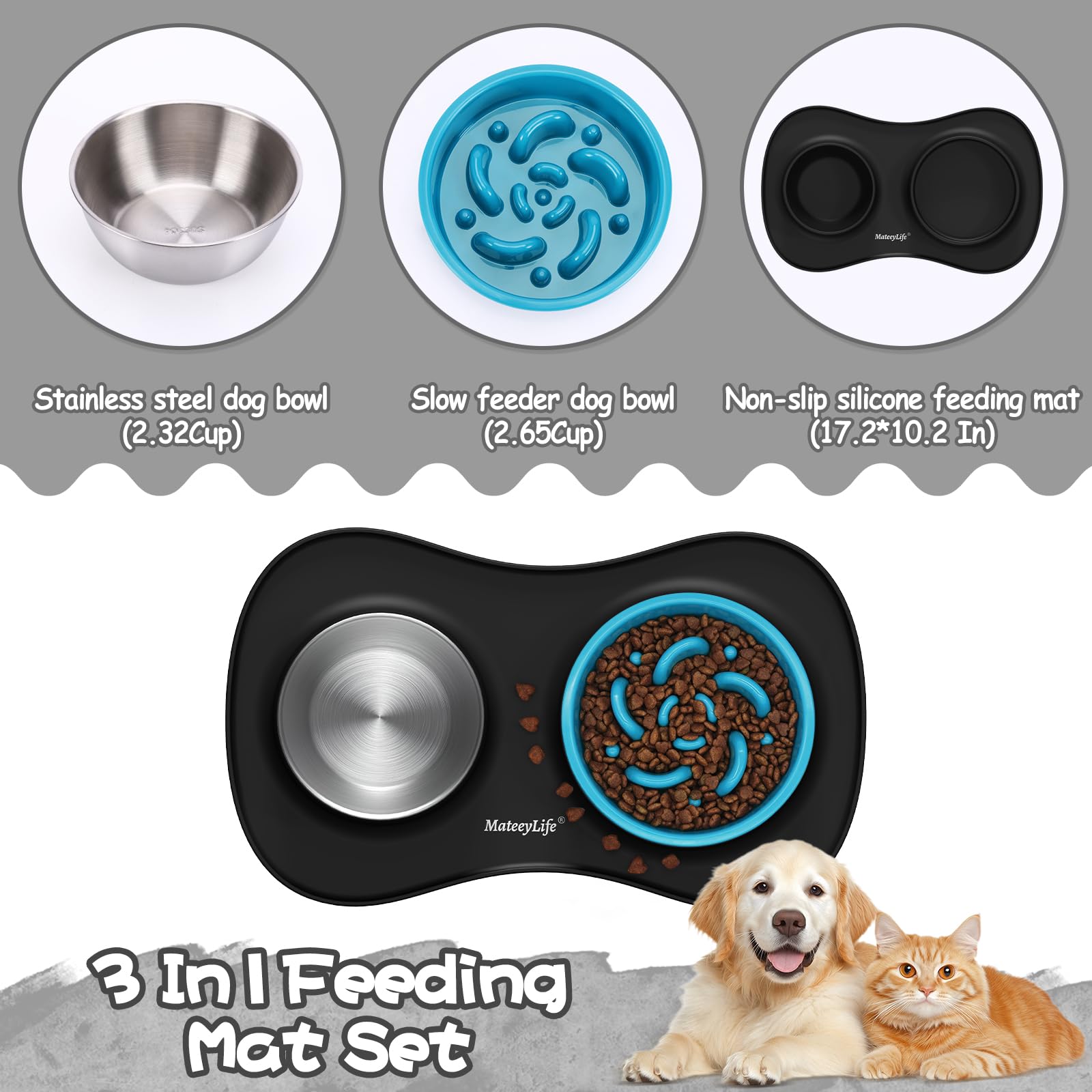 MateeyLife slow-feeder maze pattern slows eating for calmer meals.