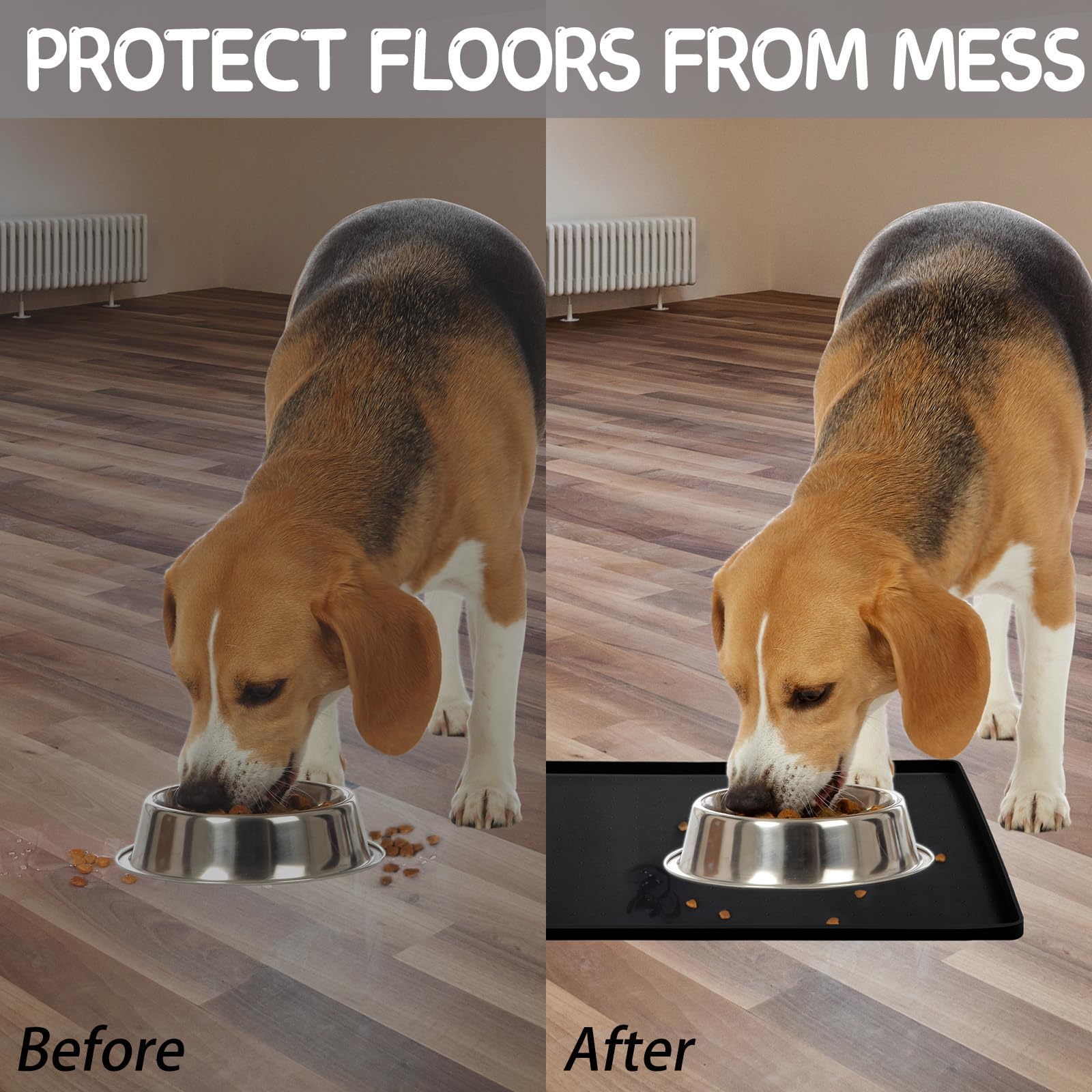 MateeyLife under-bowl mat setup demonstrates floor protection under feeding area.