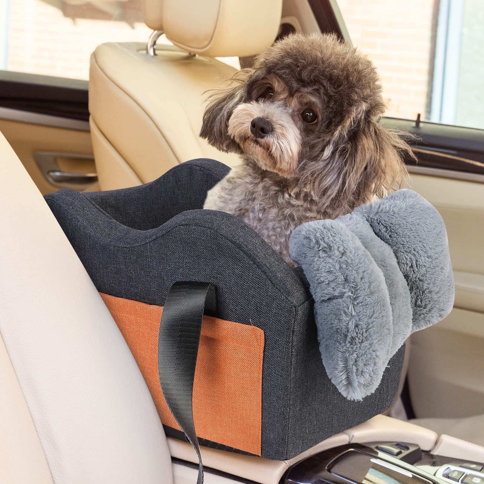 Matsofamic dog car seat on center console with secure close-proximity visibility.