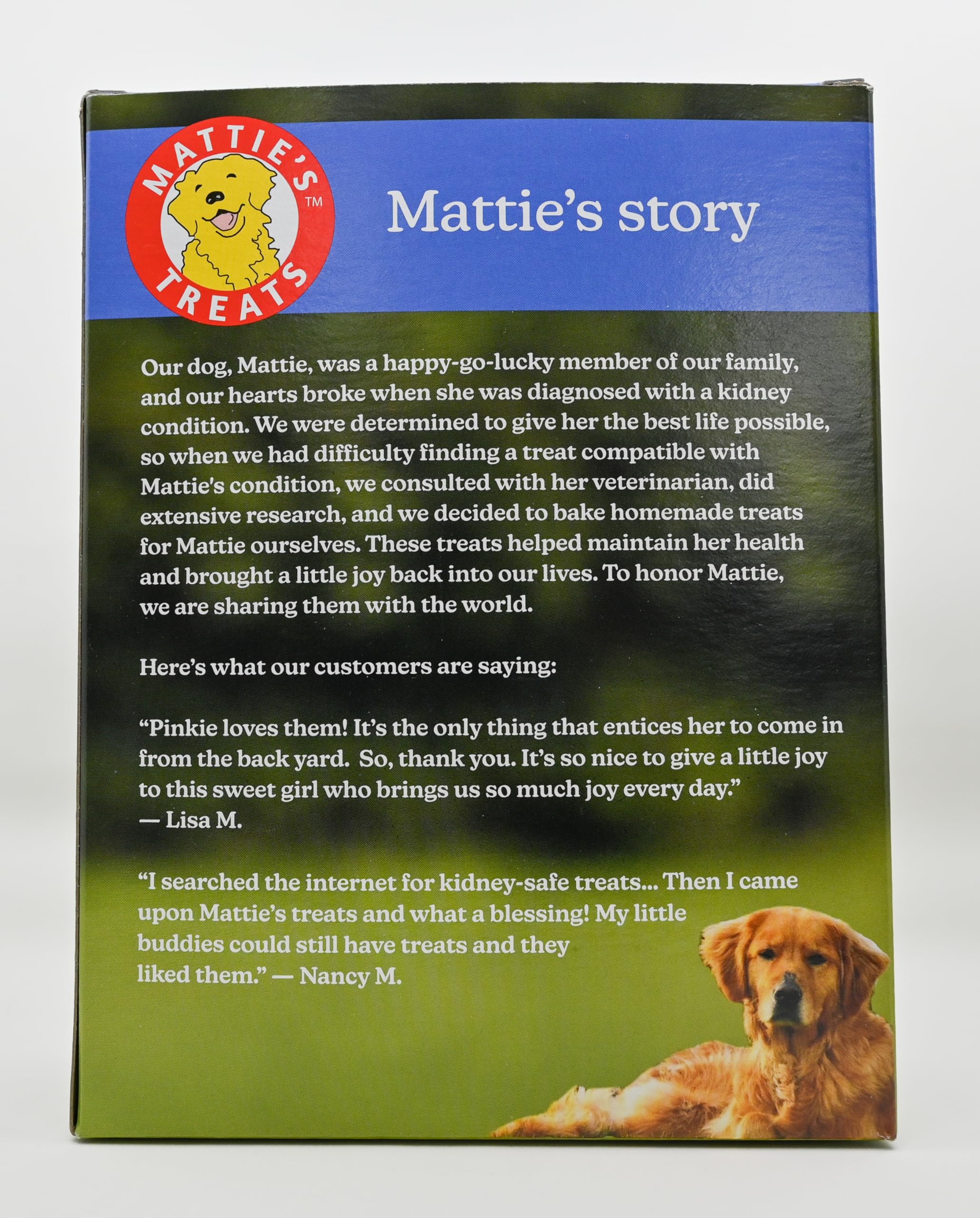 Mattie's Treats dog-treats packaging emphasizing US-made quality