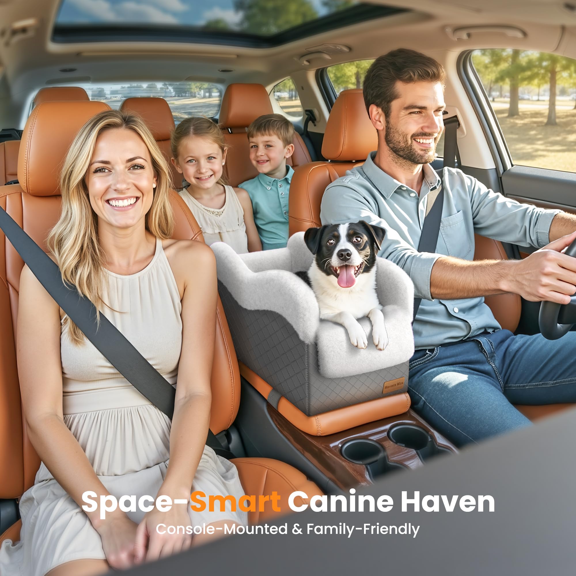 Mavora Max compact dog car seat finishes in dark grey and white to match interiors.