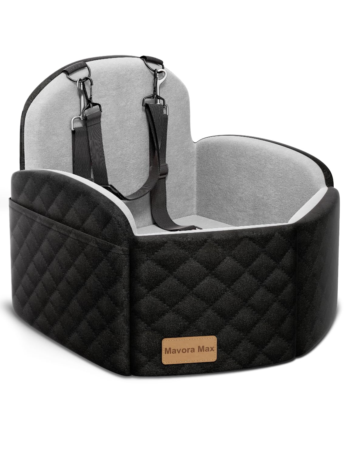 Mavora Max dog car seat elevated booster shown from front view for secure rides.