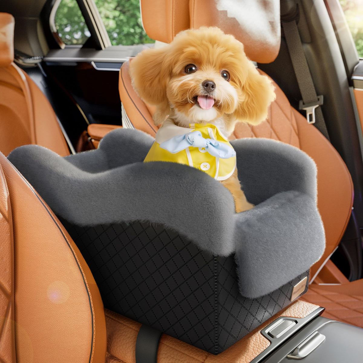 Mavora Max portable dog seat on center console close-up showing secure travel companionship