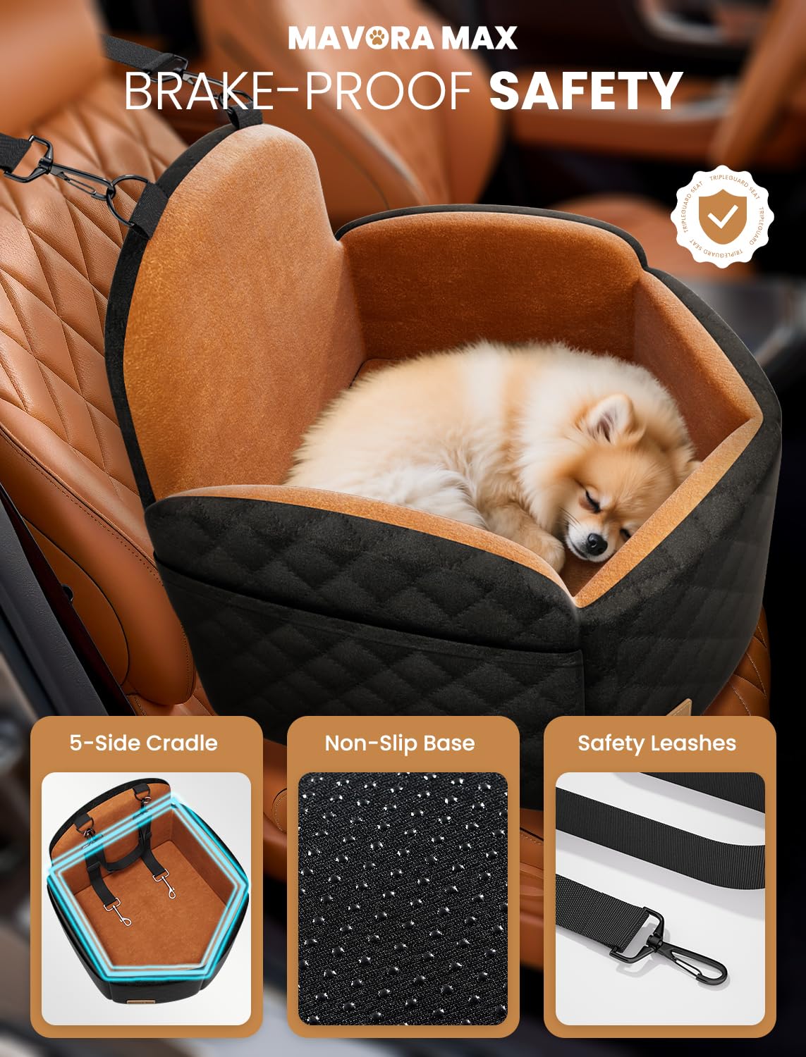 Mavora Max storage pockets help organize toys and treats during trips.
