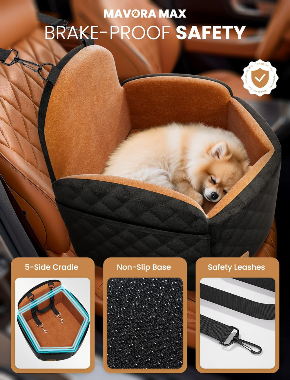 Mavora Max storage pockets help organize toys and treats during trips.