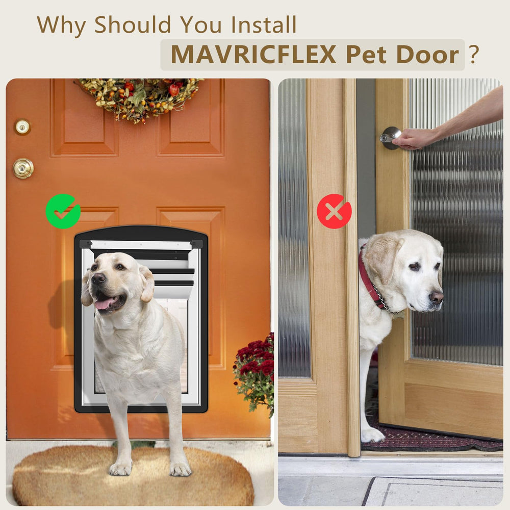 MAVRICFLEX easy-install dog door highlights tool-free setup for quick mounting.