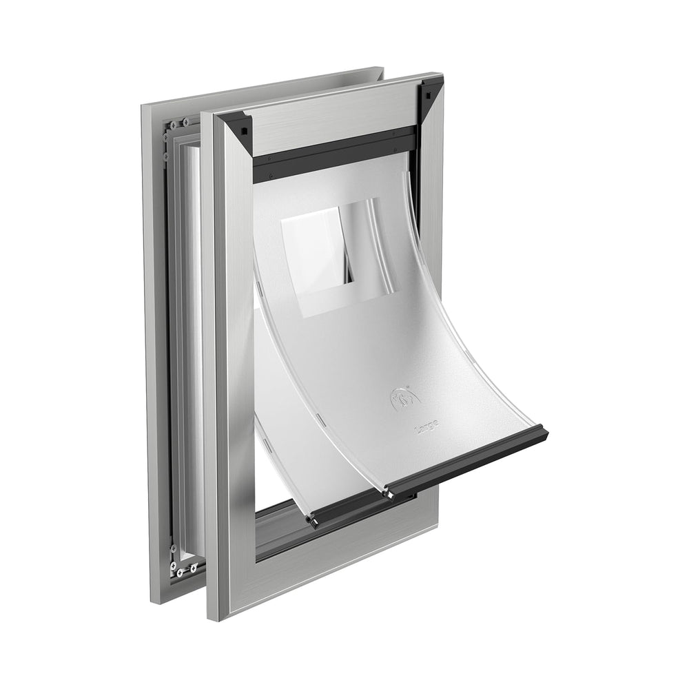MAVRICFLEX heavy-duty dog door front view showing sturdy aluminum frame for large dogs up to 100 lbs