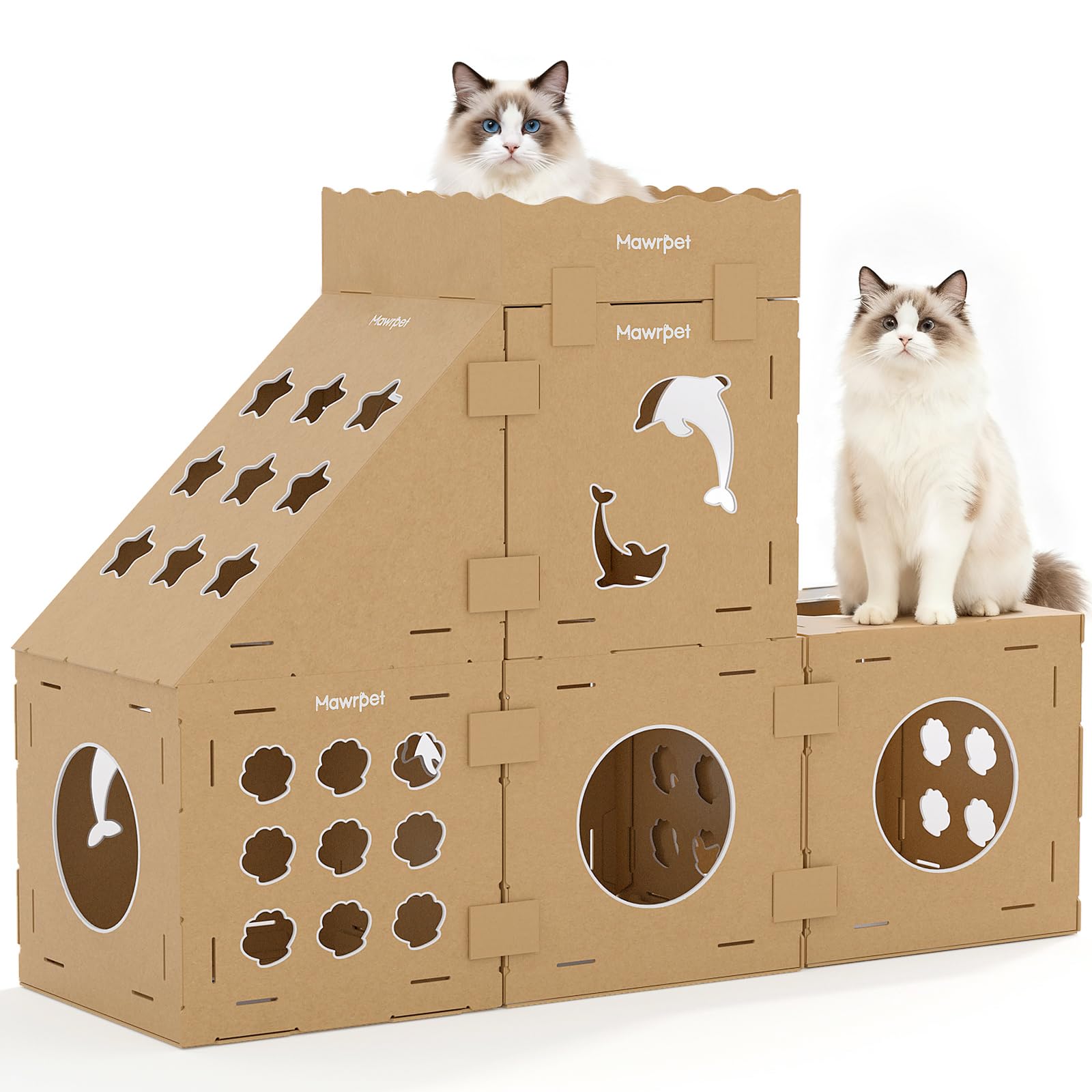Mawrpet DIY cardboard cat house front view showing cozy indoor play space