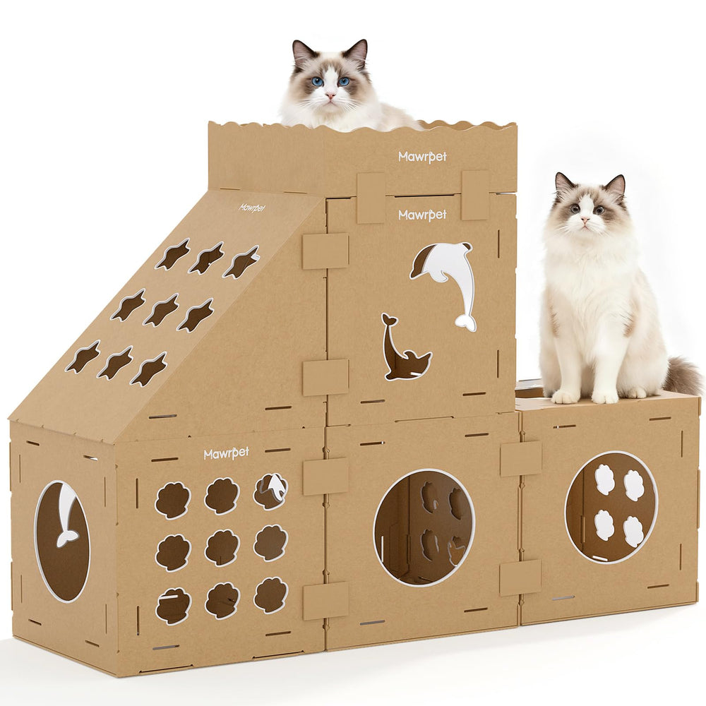 Mawrpet DIY cardboard cat house front view showing cozy indoor play space