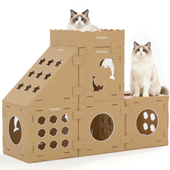 Mawrpet DIY cardboard cat house front view showing cozy indoor play space
