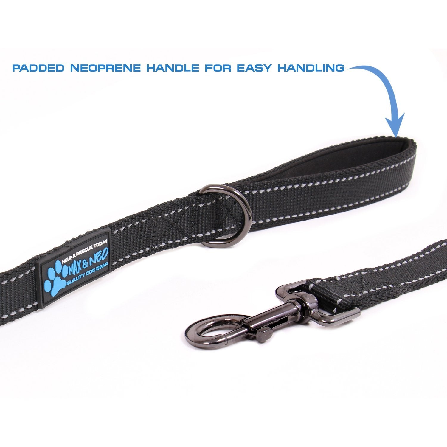 Close-up of heavy-duty stitching and metal clasp on a Max and Neo leash.