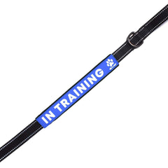 Max and Neo leash sleeve in training, front view, highly visible messaging for safer public outings
