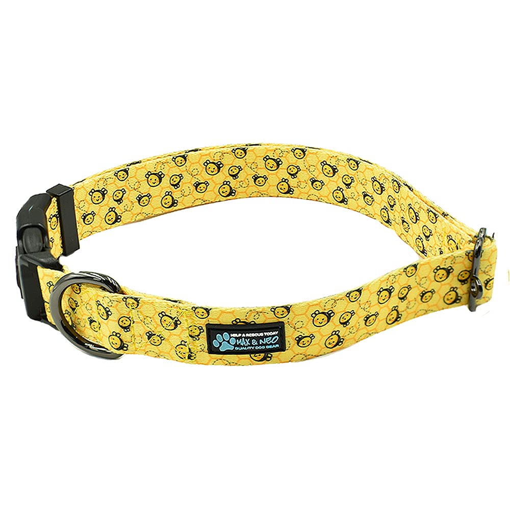 Max and Neo bees pattern dog collar on neck offers durable everyday wear.