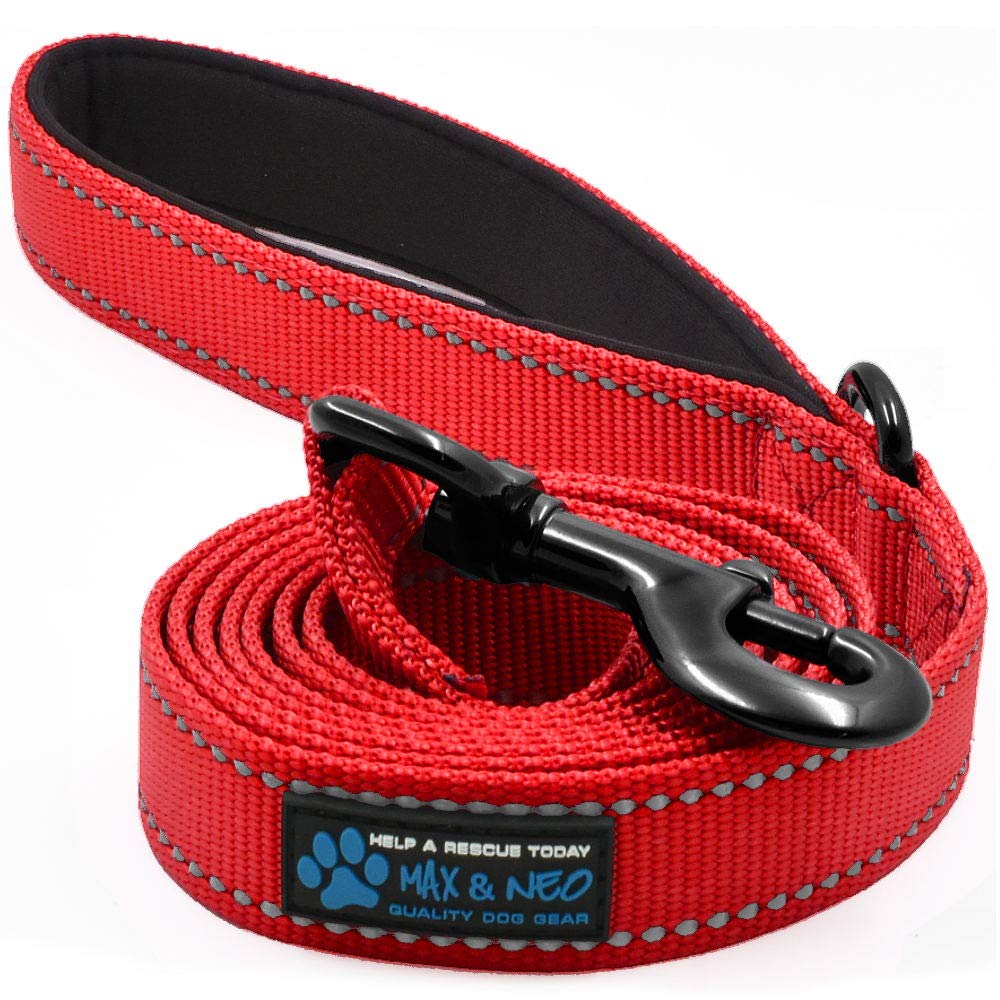 Max and Neo reflective nylon dog leash in red with padded handle for comfort.