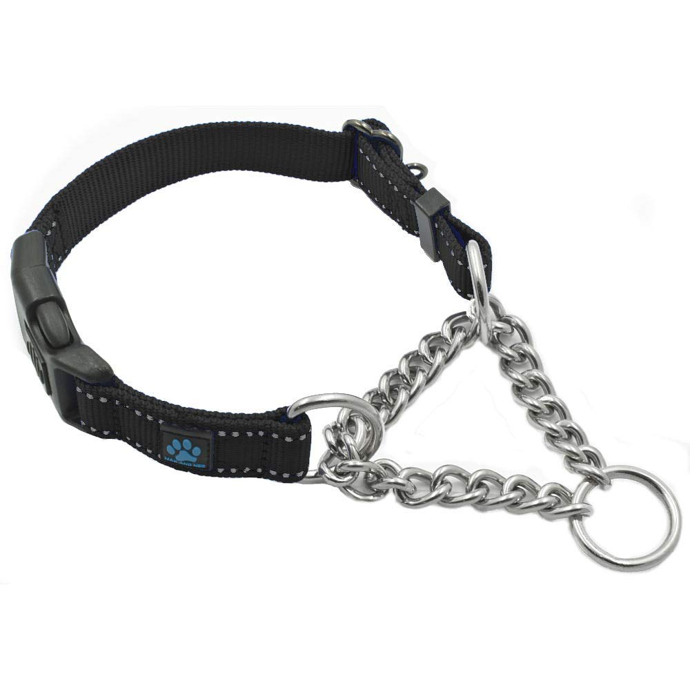 Max and Neo stainless steel chain martingale collar; close-up of durable links for secure control.