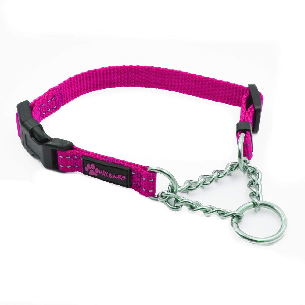 Max and Neo stainless steel chain martingale collar pink close-up shows durable hardware for training
