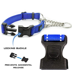 Max and Neo stainless steel chain martingale collar small teal on dog walk illustrating use