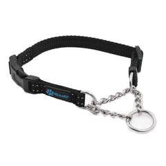Max and Neo stainless-steel martingale collar closeup shows durable hardware for daily training.