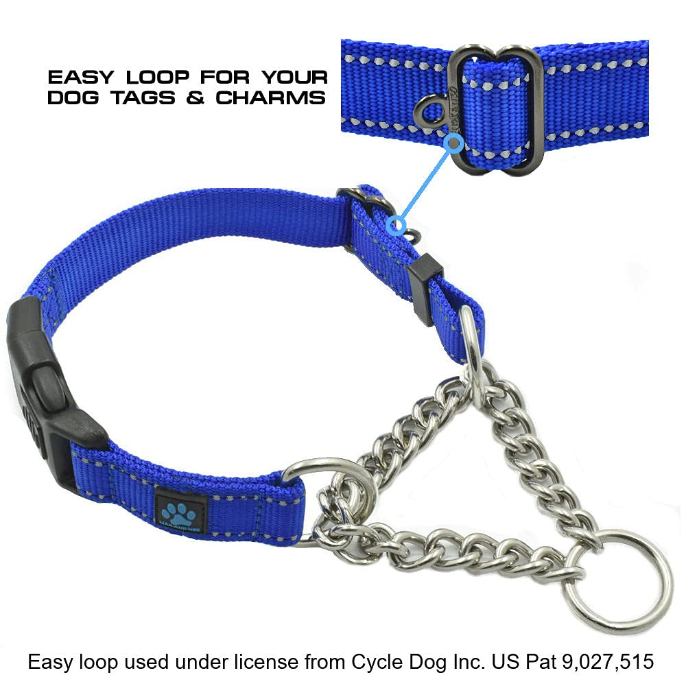 Max and Neo stainless-steel martingale collar with black finish highlights durable design and rescue-donation benefit.