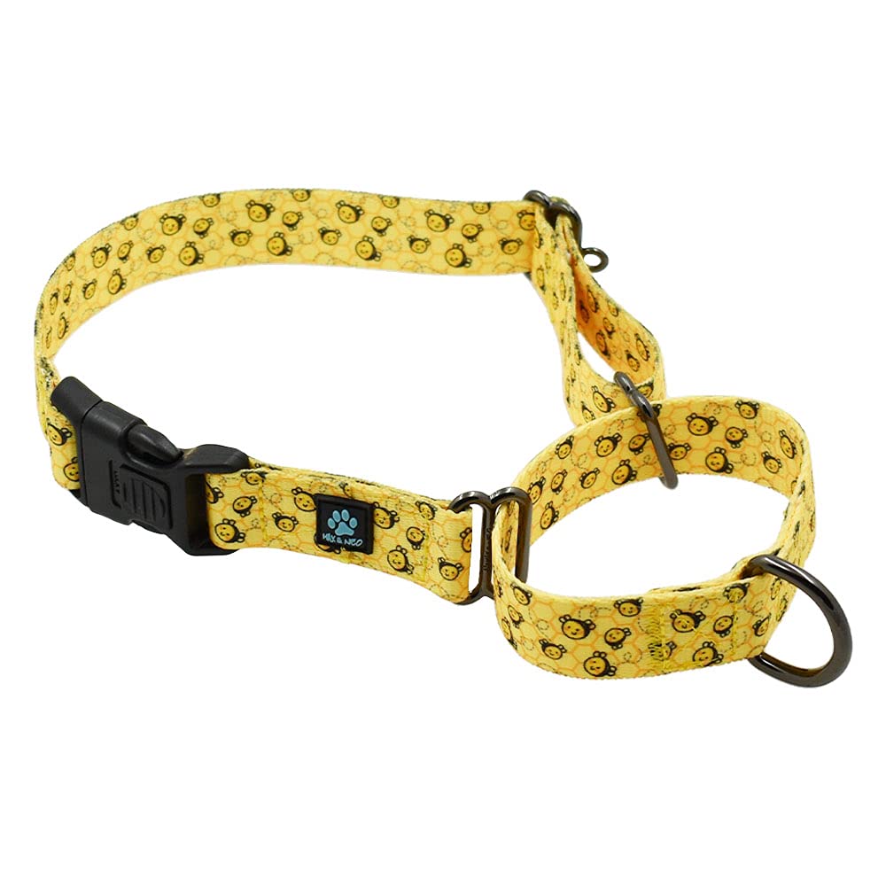 Max and Neo collar martingale estampado abejas amarillas, diseño cómodo para paseos seguros.