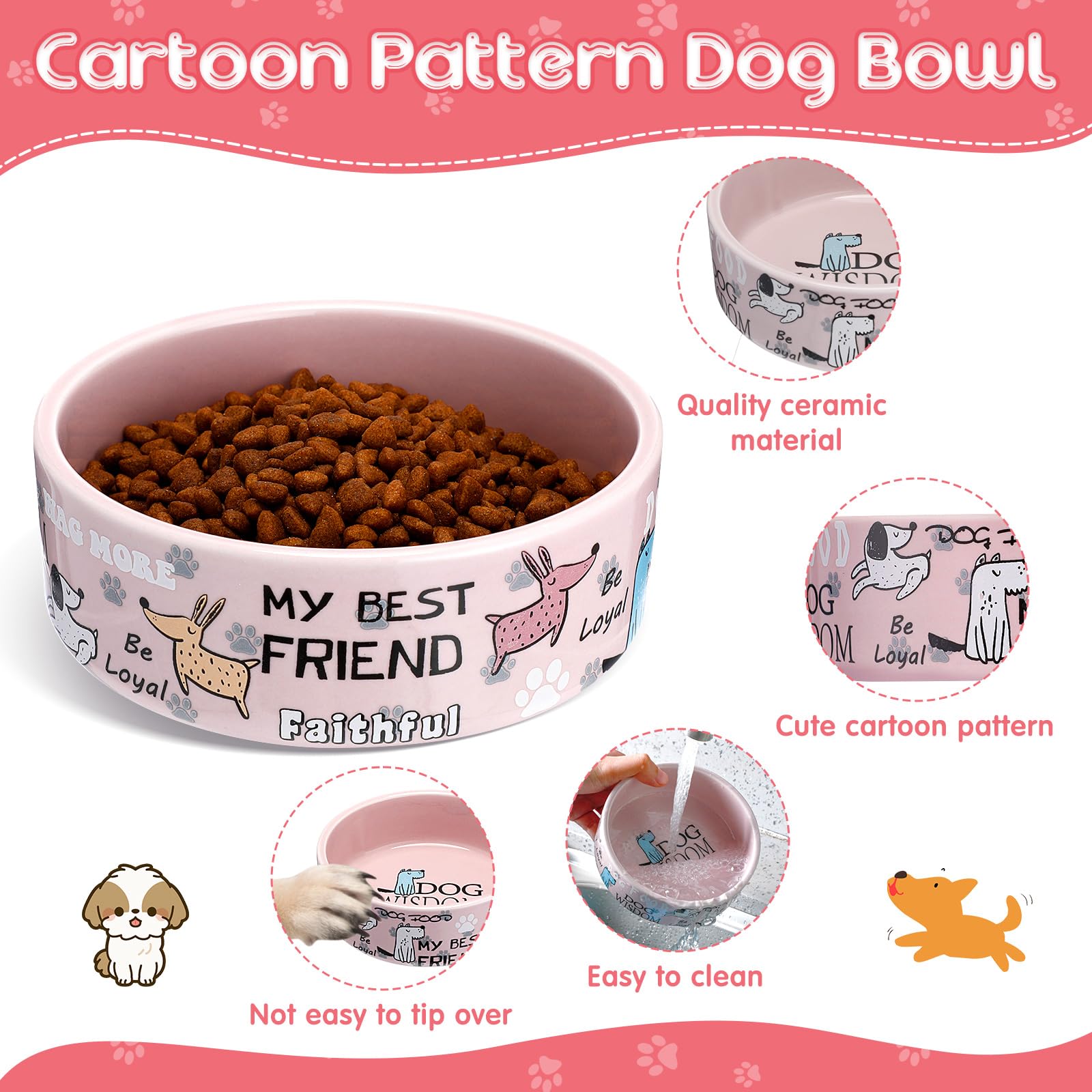 Maxcheck ceramic dog bowls pink closeup shows non-porous surface and easy-clean finish.