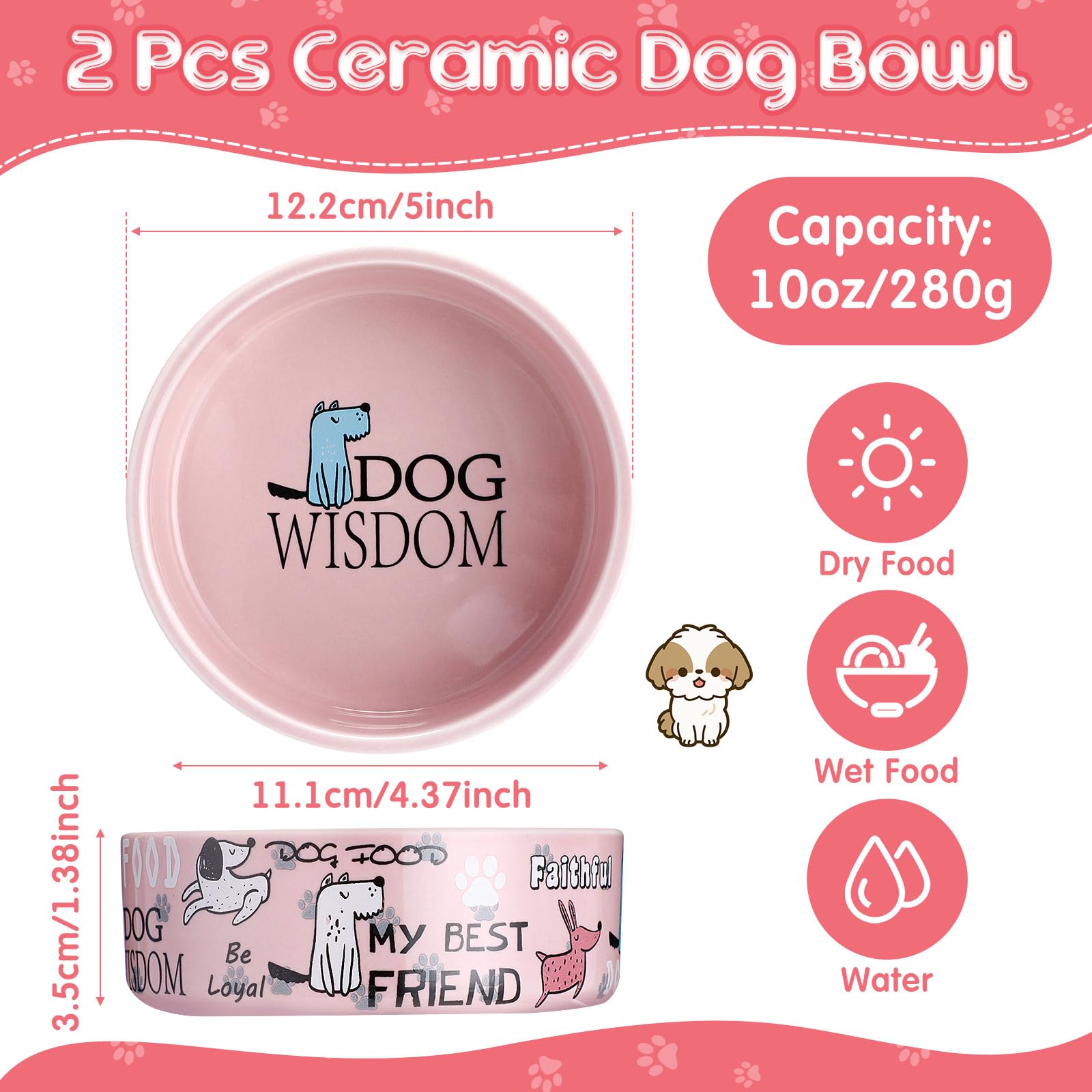 Maxcheck pink ceramic dog bowls 2pc side pattern showcasing sturdy, spill-resistant design for tiny dogs.