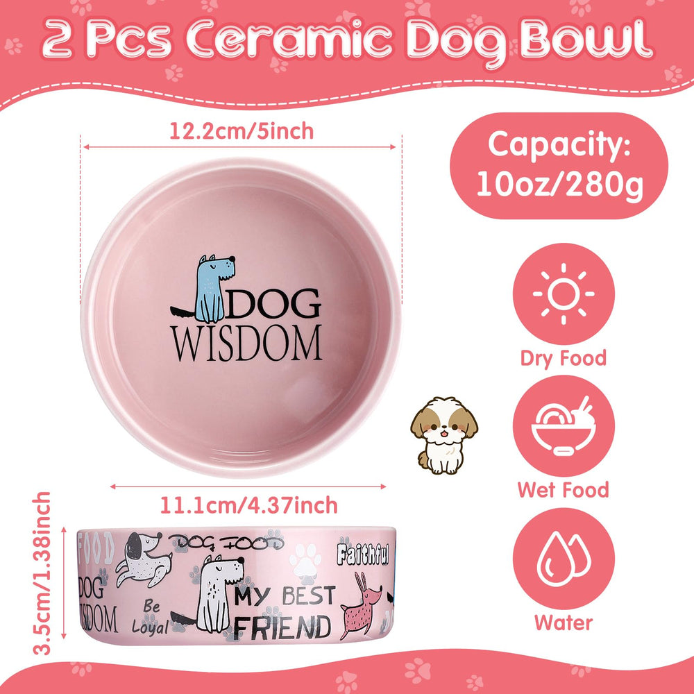 Maxcheck pink ceramic dog bowls 2pc side pattern showcasing sturdy, spill-resistant design for tiny dogs.