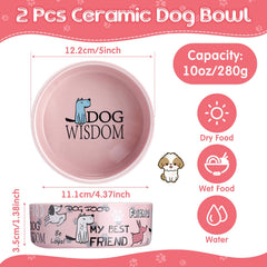 Maxcheck pink ceramic dog bowls 2pc side pattern showcasing sturdy, spill-resistant design for tiny dogs.