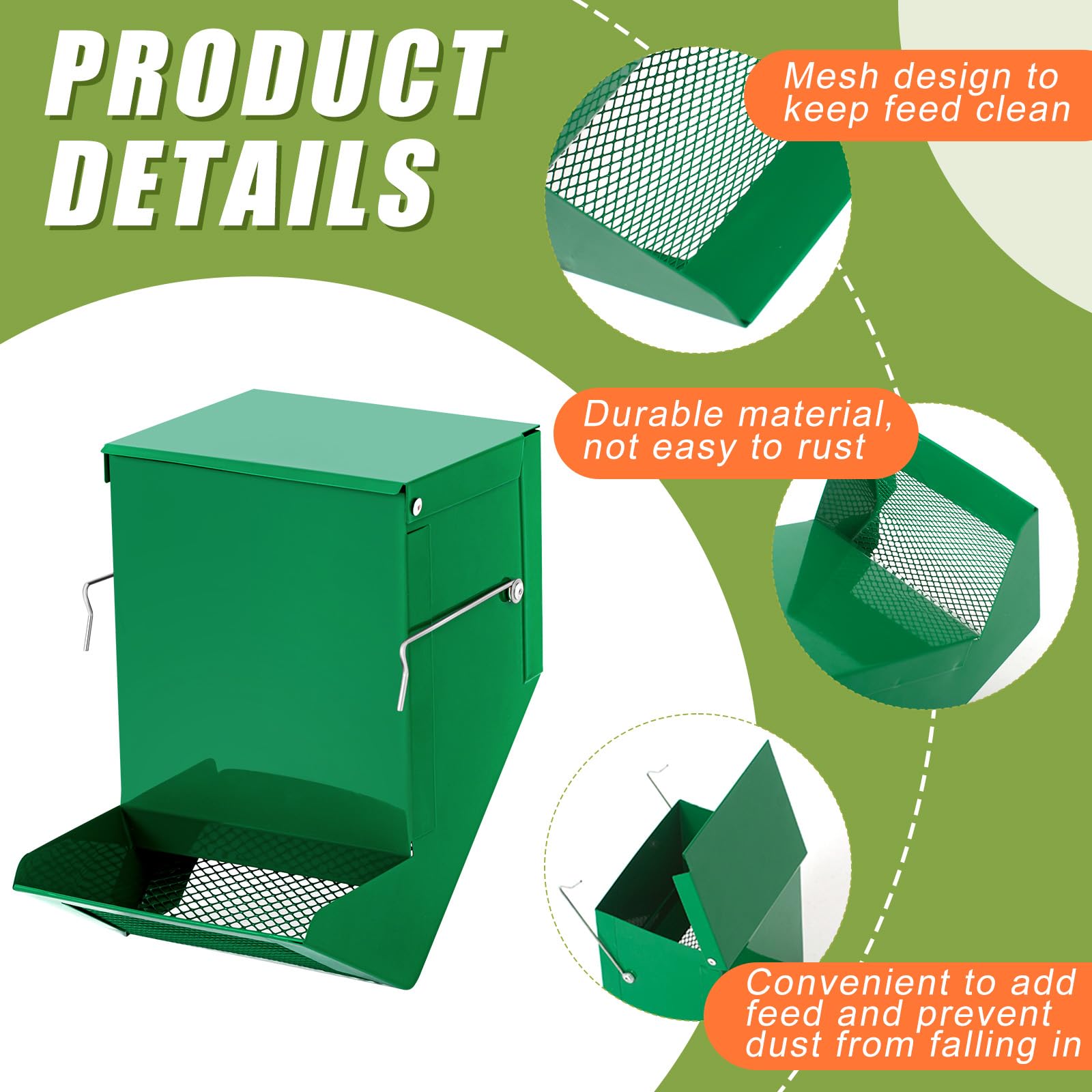 Maxcheck rabbit-feeder-mesh-bottom-green drains rainwater to keep feed dry.
