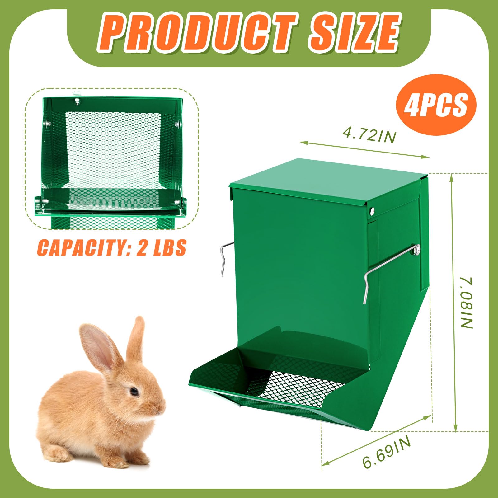 Maxcheck rabbit-feeder-outdoor-hook-green shown hanging outside the cage.