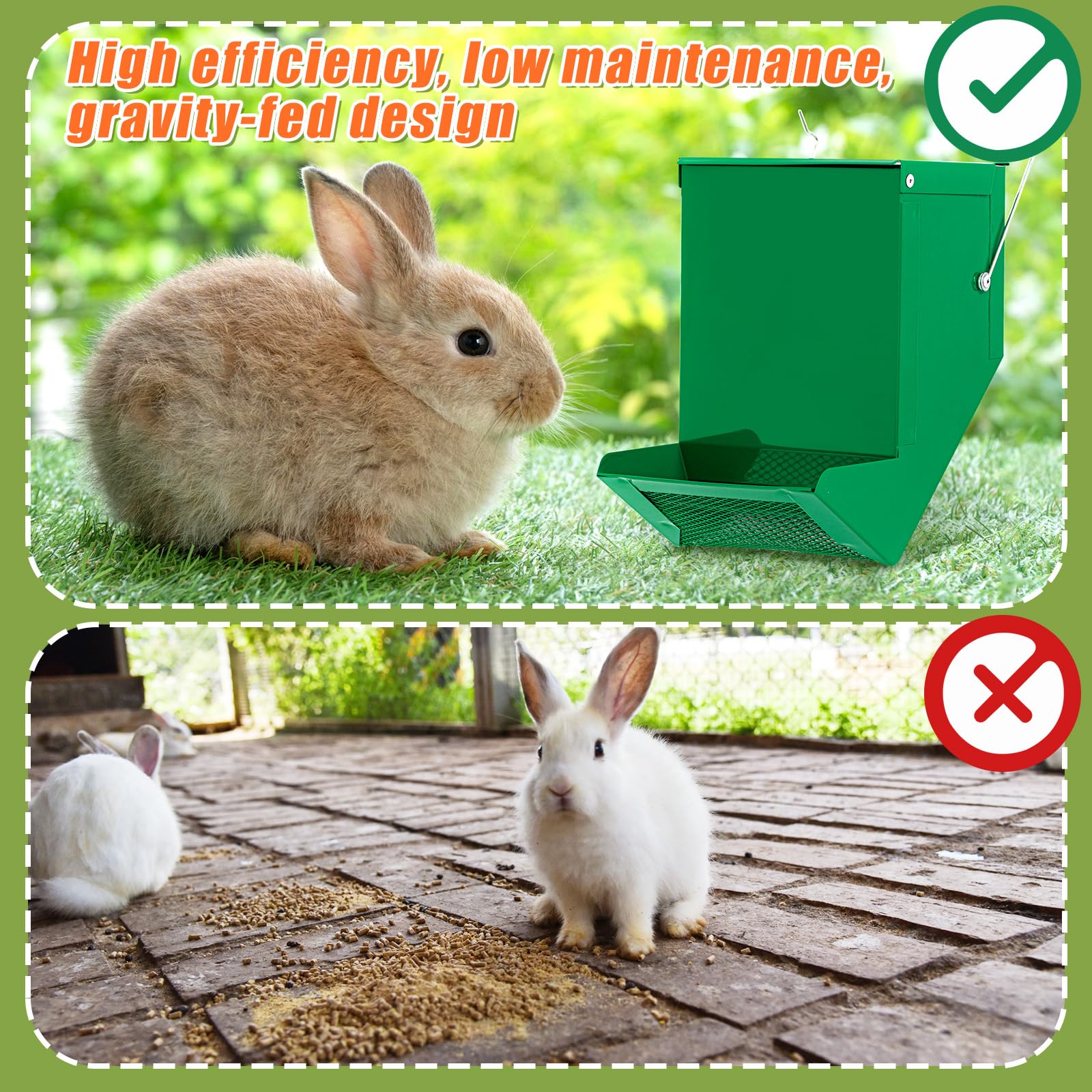 Maxcheck rabbit-feeder-side-hooks-green can be hung inside or outside the cage.
