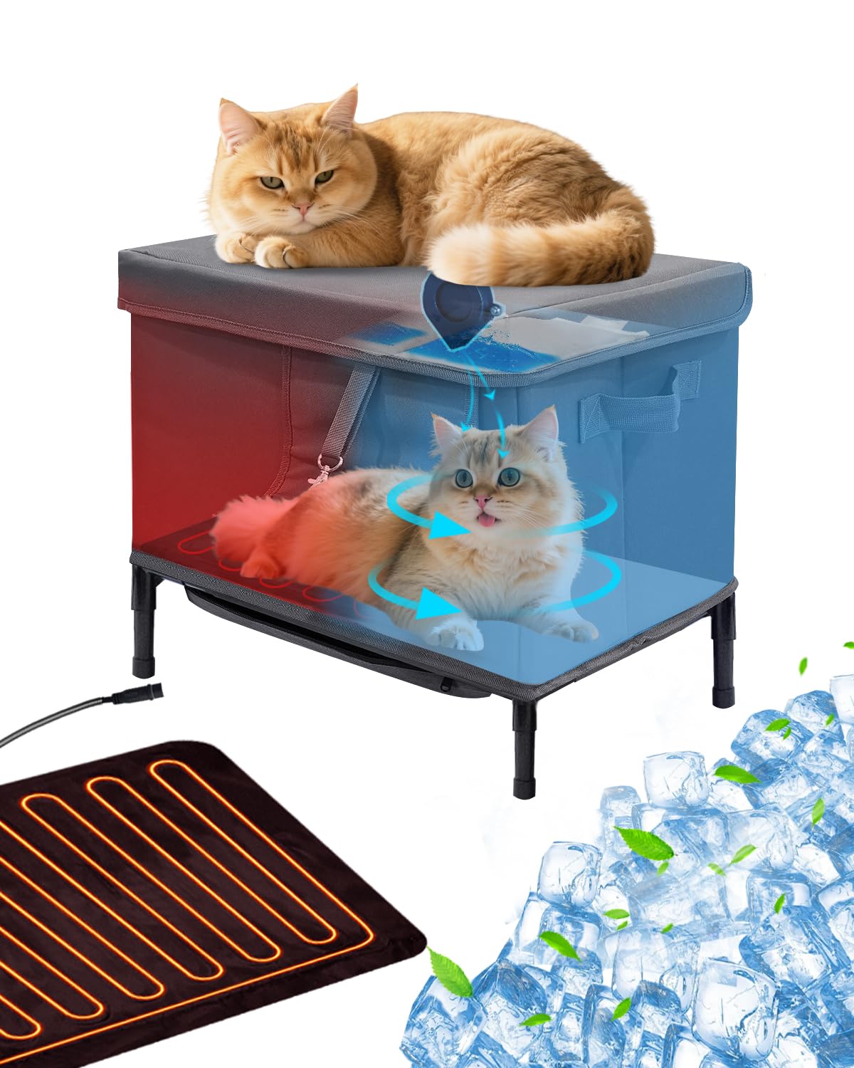 MAXCOM heated-cooling cat shelter with fan cools a sunlit porch for curious cats