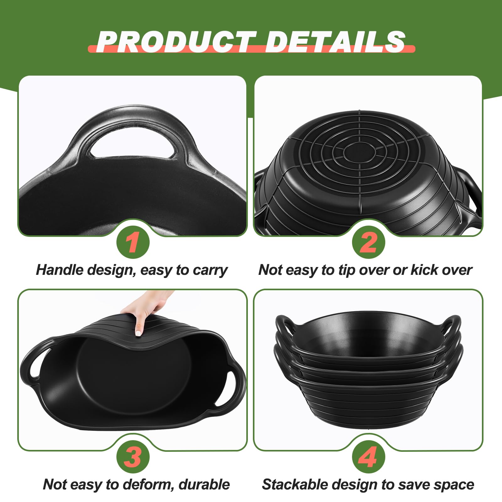 Maxdot rubber feed pan dimensions highlight bottom mouth diameter for spill prevention