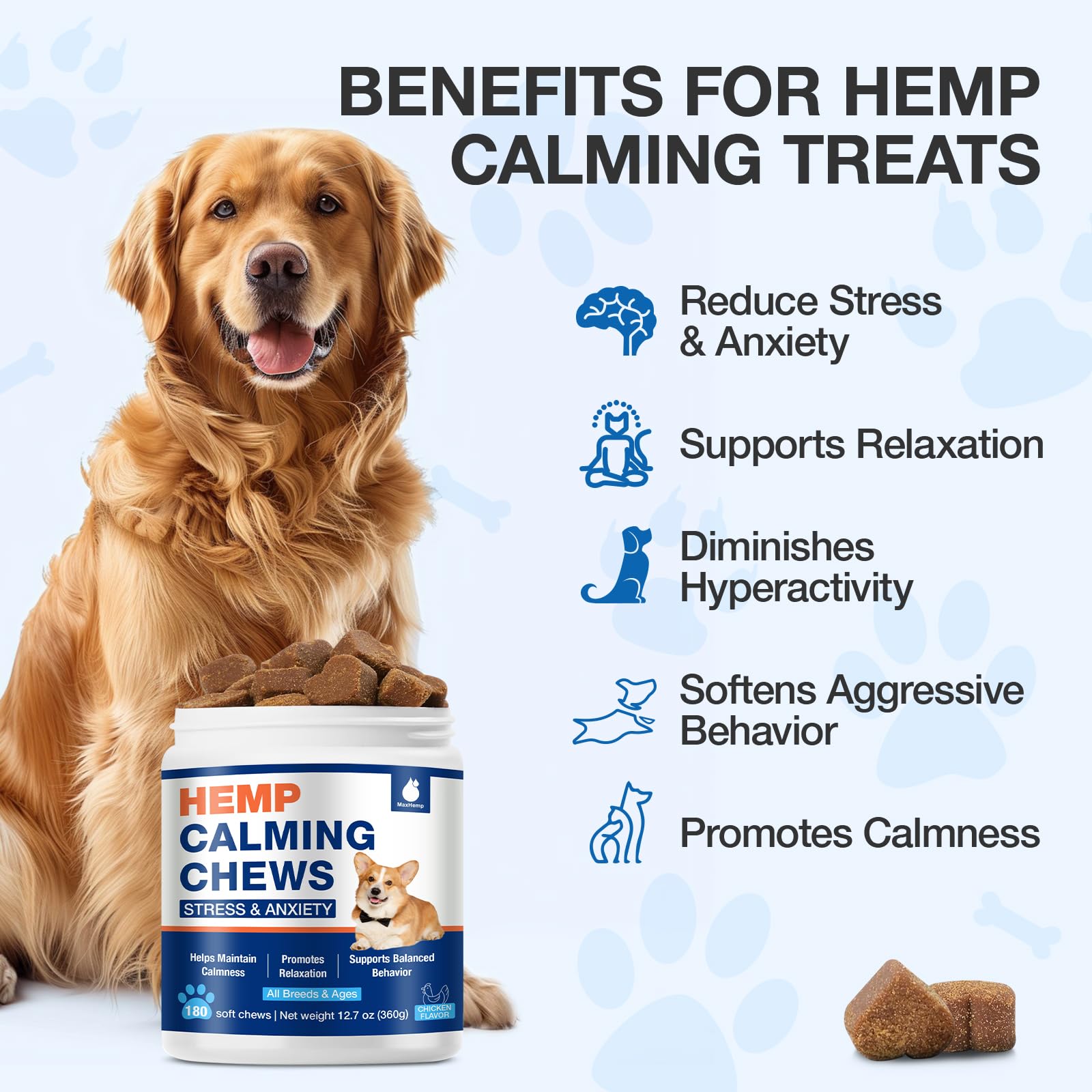 MaxHemp calming chews for dogs chicken treats ease daily anxiety