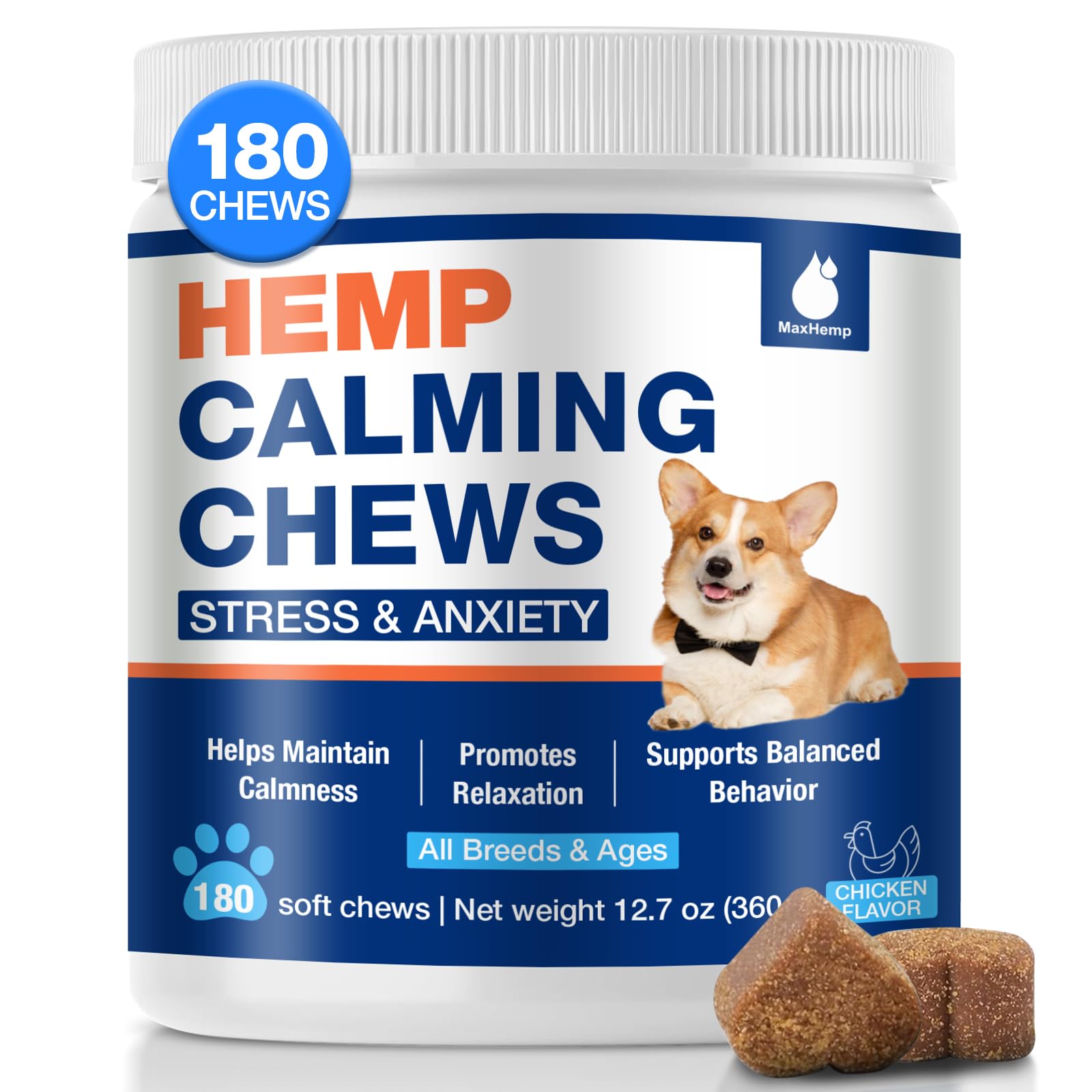 MaxHemp calming chews for dogs bottle shown for stress-relief convenience