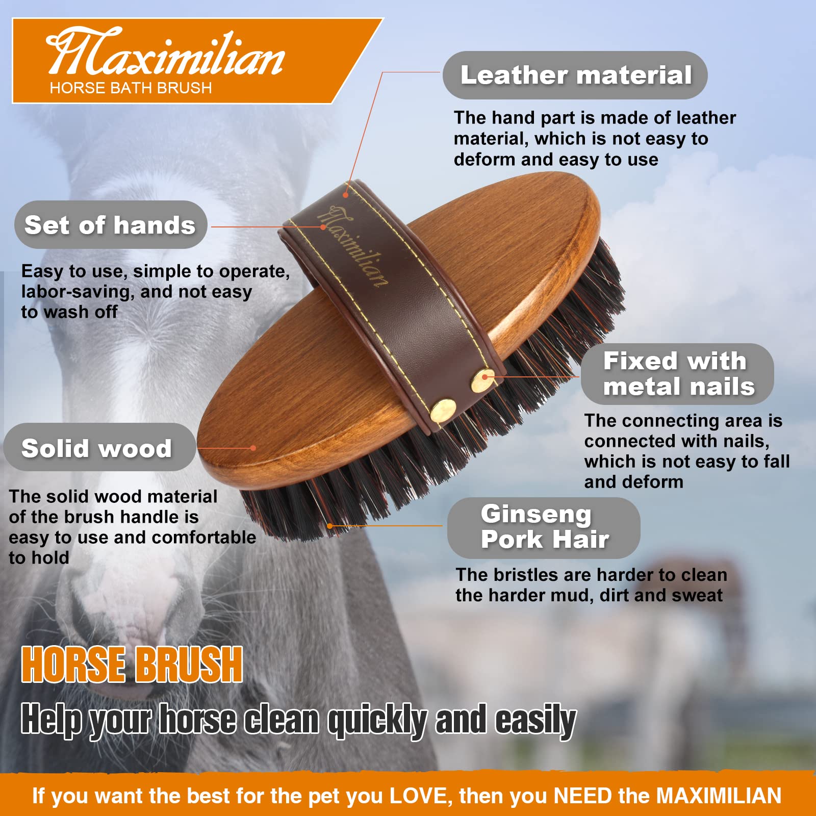 MAXIMILIAN dense horsehair lifts dirt from depth for coat shine.