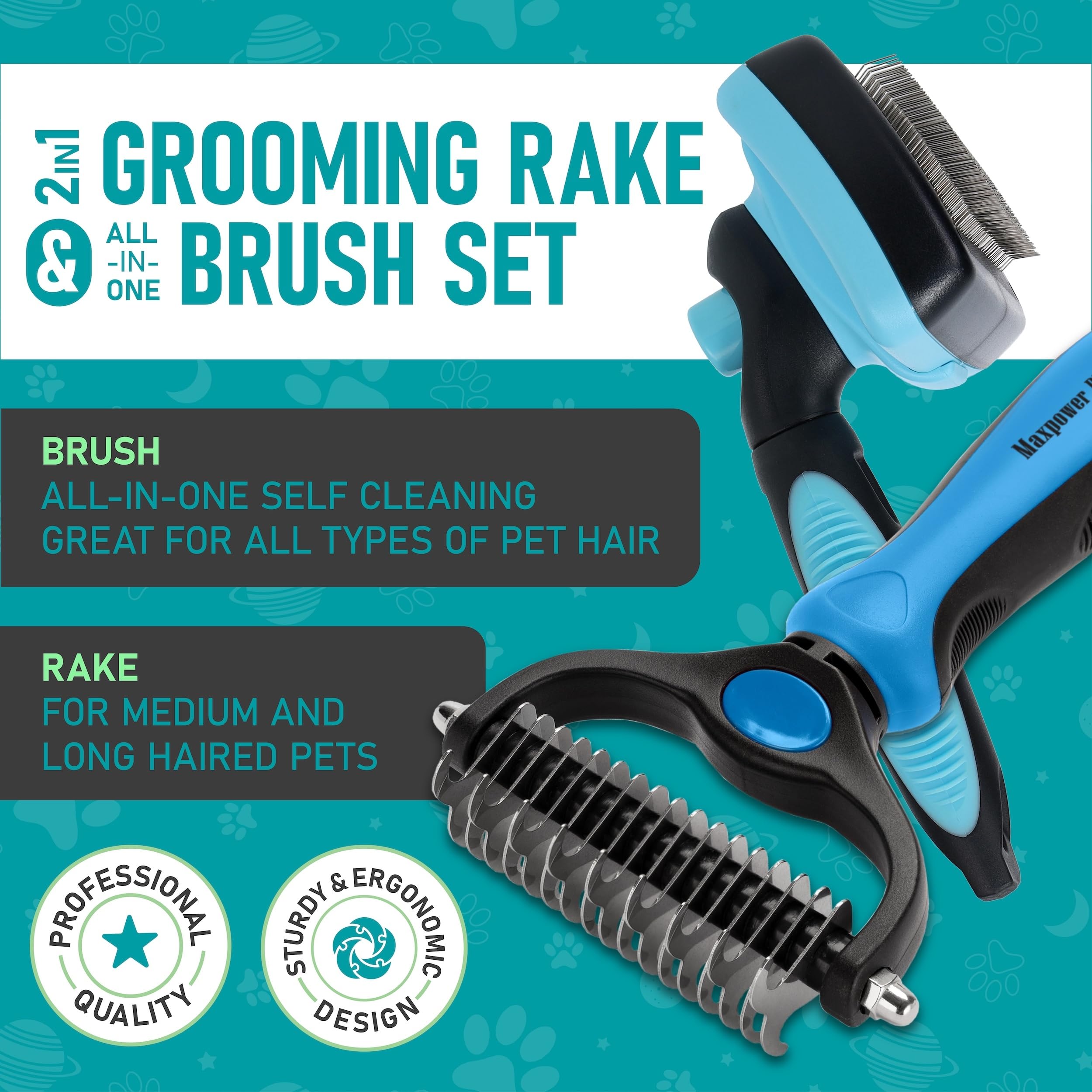 Maxpower Planet dog rake grooming tool closeup shows detangling of mats