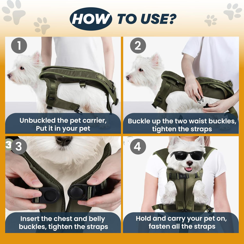 MAYASUR dog front carrier army-green large in-use-hiking enables hands-free exploration