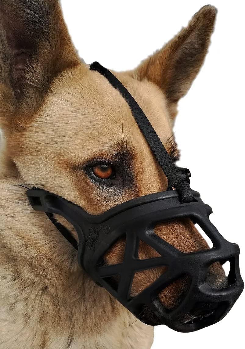 Mayerzon dog muzzle close-up shows the breathable basket design for ventilation.