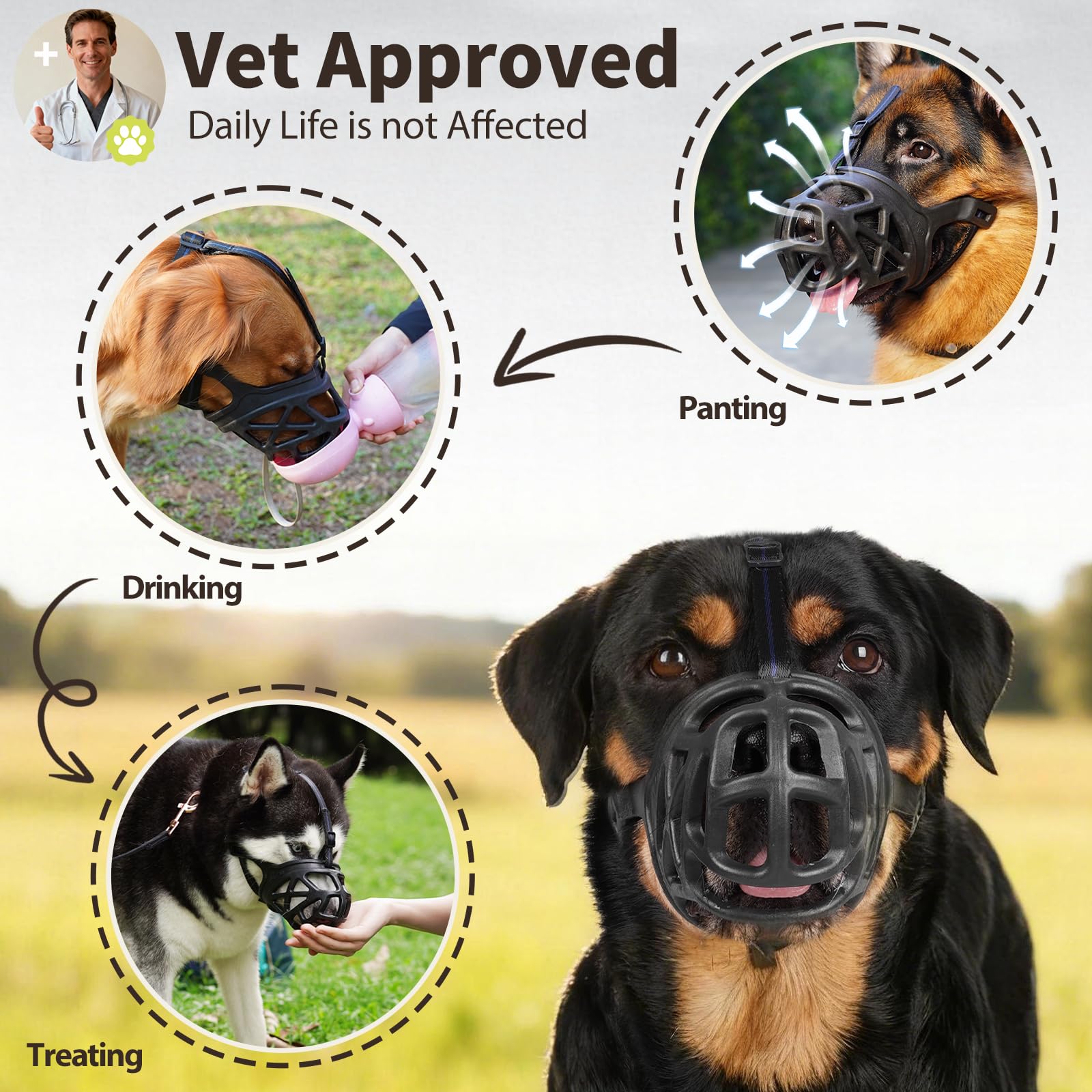 Mayerzon muzzle supports grooming and vet visits with safe restraint during handling.