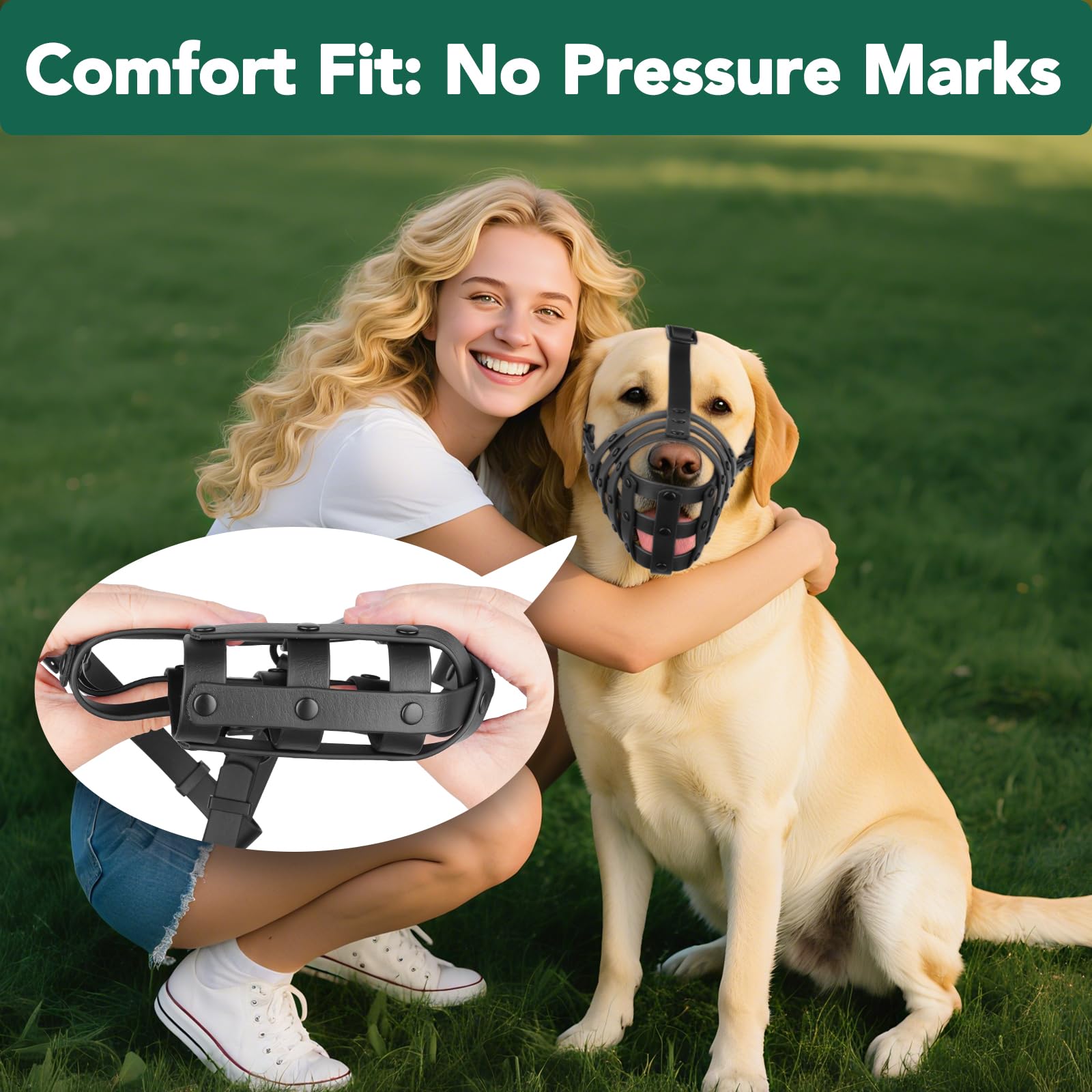 Mayerzon quick-release buckle closeup illustrates easy on-off for busy owners