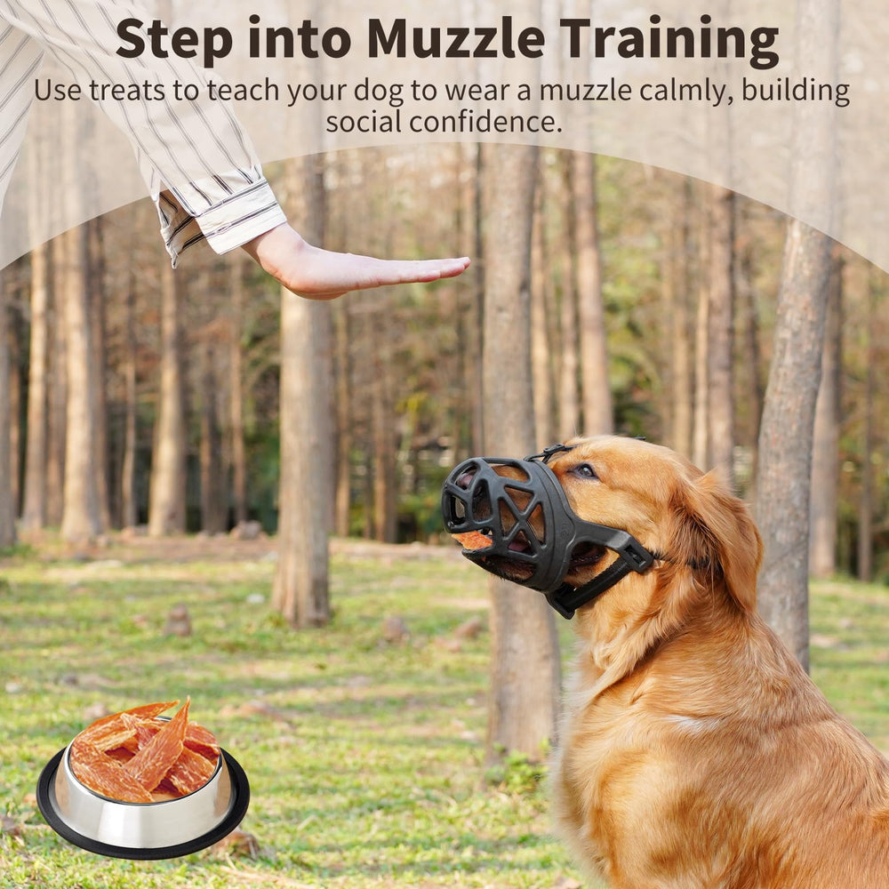 Mayerzon breathable muzzle lets treats and water pass through for reward-based use.