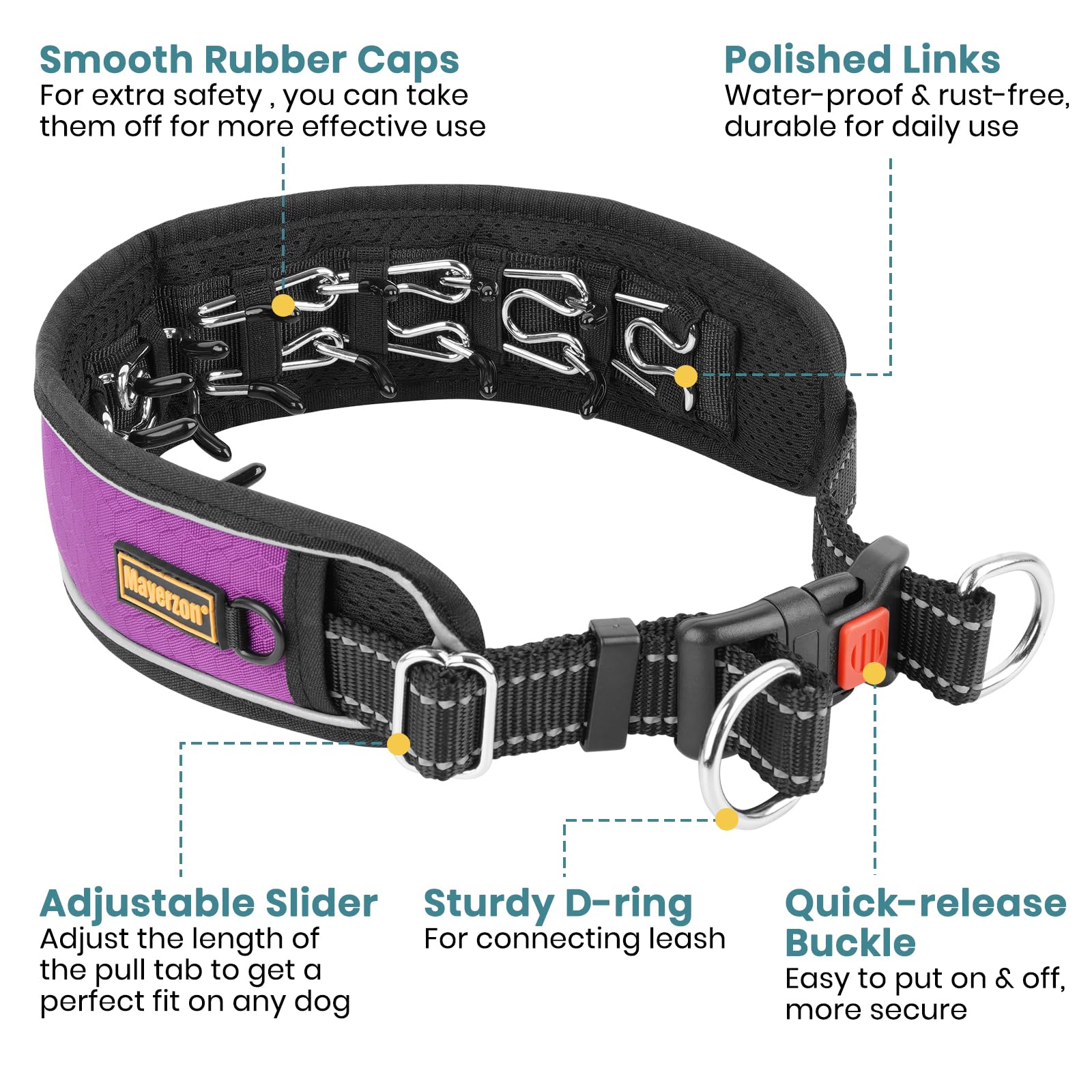 Mayerzon no-pull collar shows waterproof outer layer for all-weather walking.
