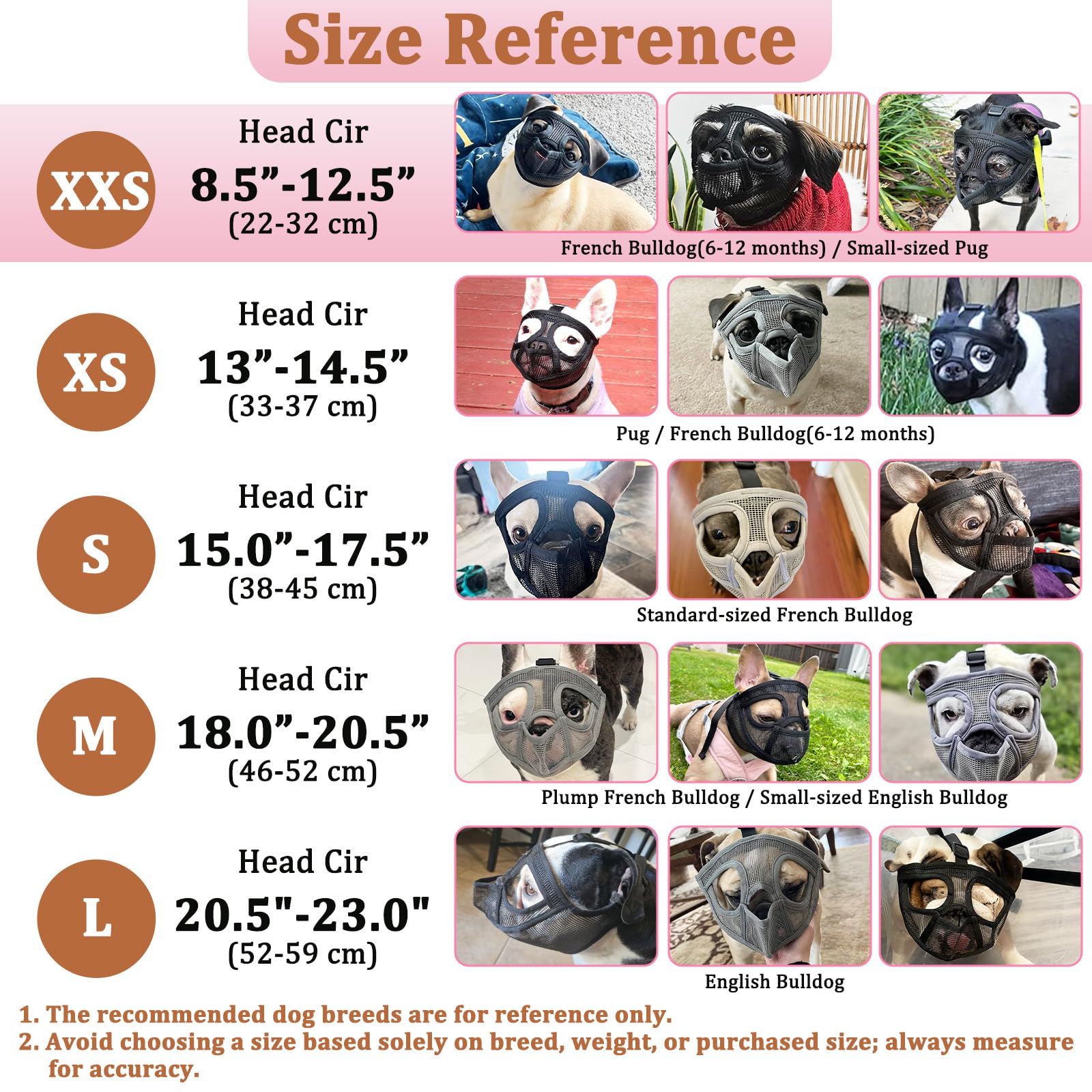 Mayerzon five-size range ensures a secure fit for brachycephalic breeds.