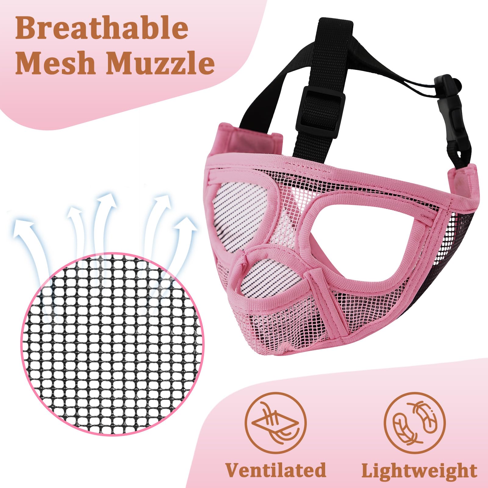 Mayerzon adjustable head strap helps proper fit on short-snouted dogs.