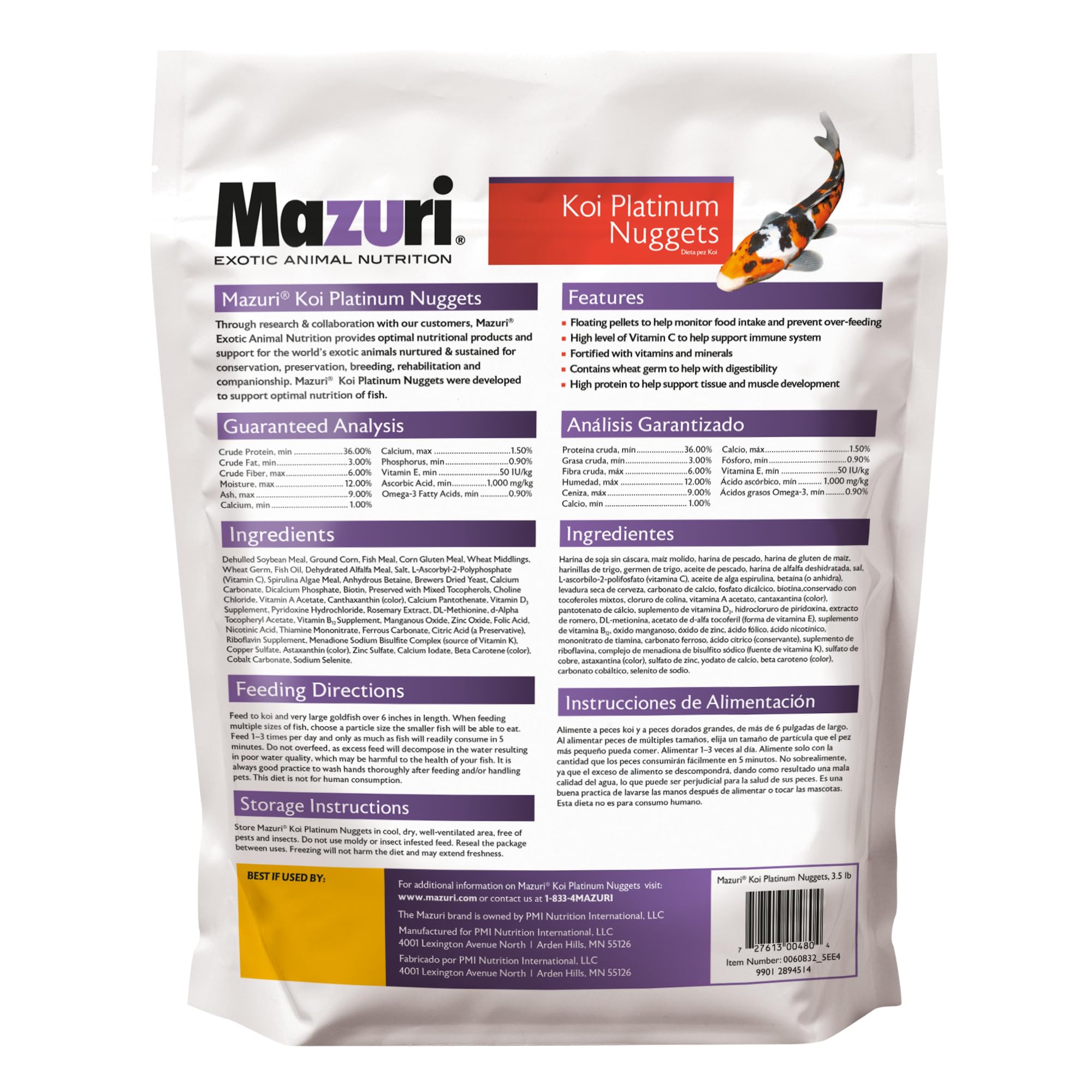 Mazuri Koi Platinum Nuggets omega-3 and vitamin C support koi vitality during feeding