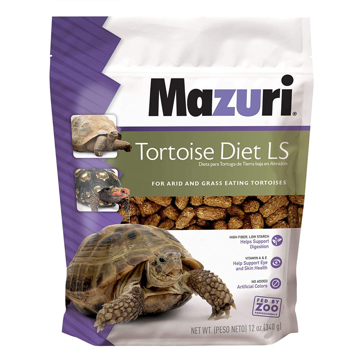 Mazuri Low Starch Tortoise Diet bag close-up, hay-based fiber support.