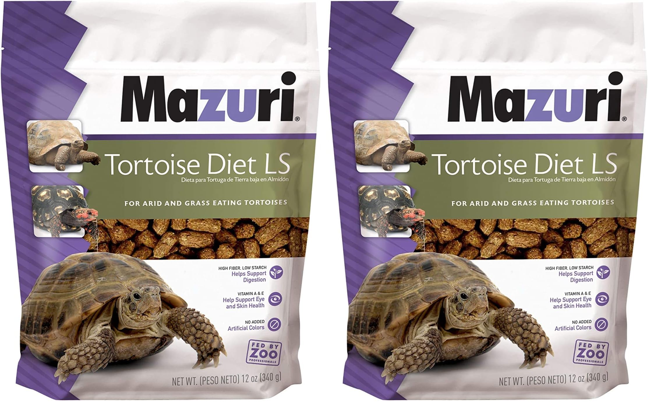 Mazuri Low Starch Tortoise Diet bag label highlights high-fiber, grass-based formula for herbivores.